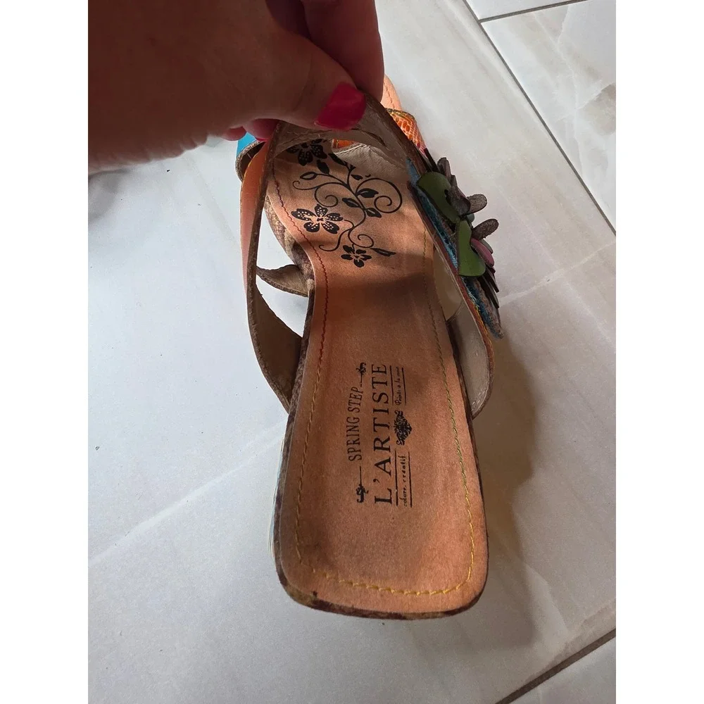 Spring‎ Step LArtiste Leather Floral Slide Sandals Block Heel Women size 40 F1